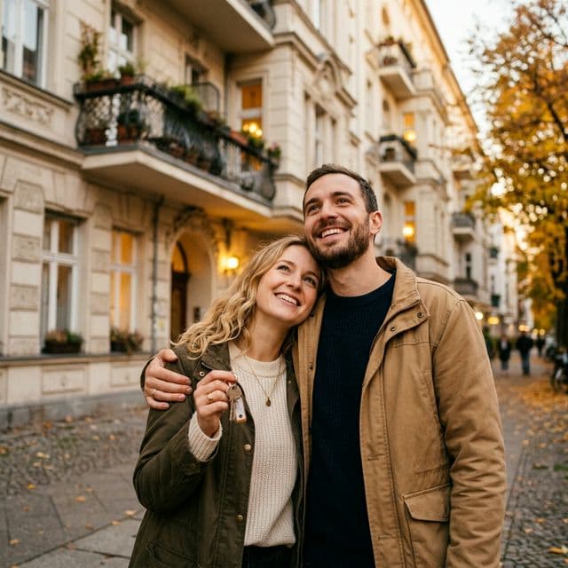 A happy couple standing in front of a Berlin Altbau apartment building, holding keys to their new home